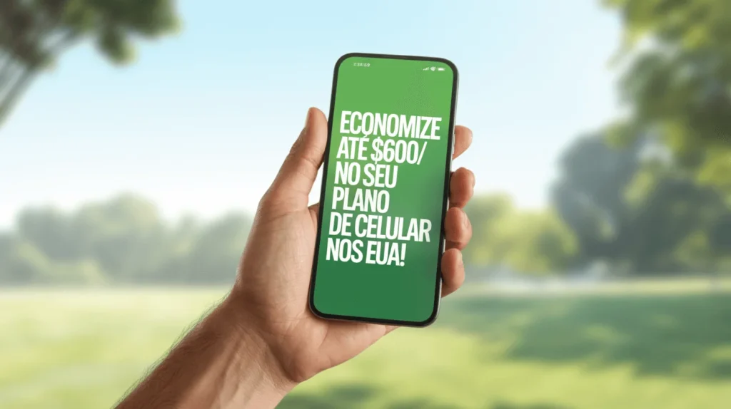 Mao segurando um celular com a mensagem Economize ate600ano no seu plano de celular nos EUA